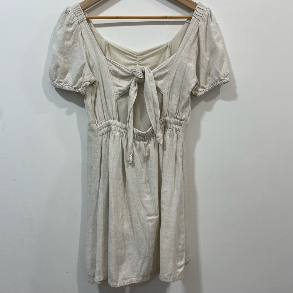 Japna LInen Cotton Blend Open Back Neutral Oatmeal Color Beach Mini Dress Size M - Picture 2 of 9